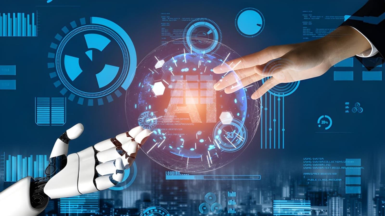 Robotic hand and human hand meeting around a sphere marked AI