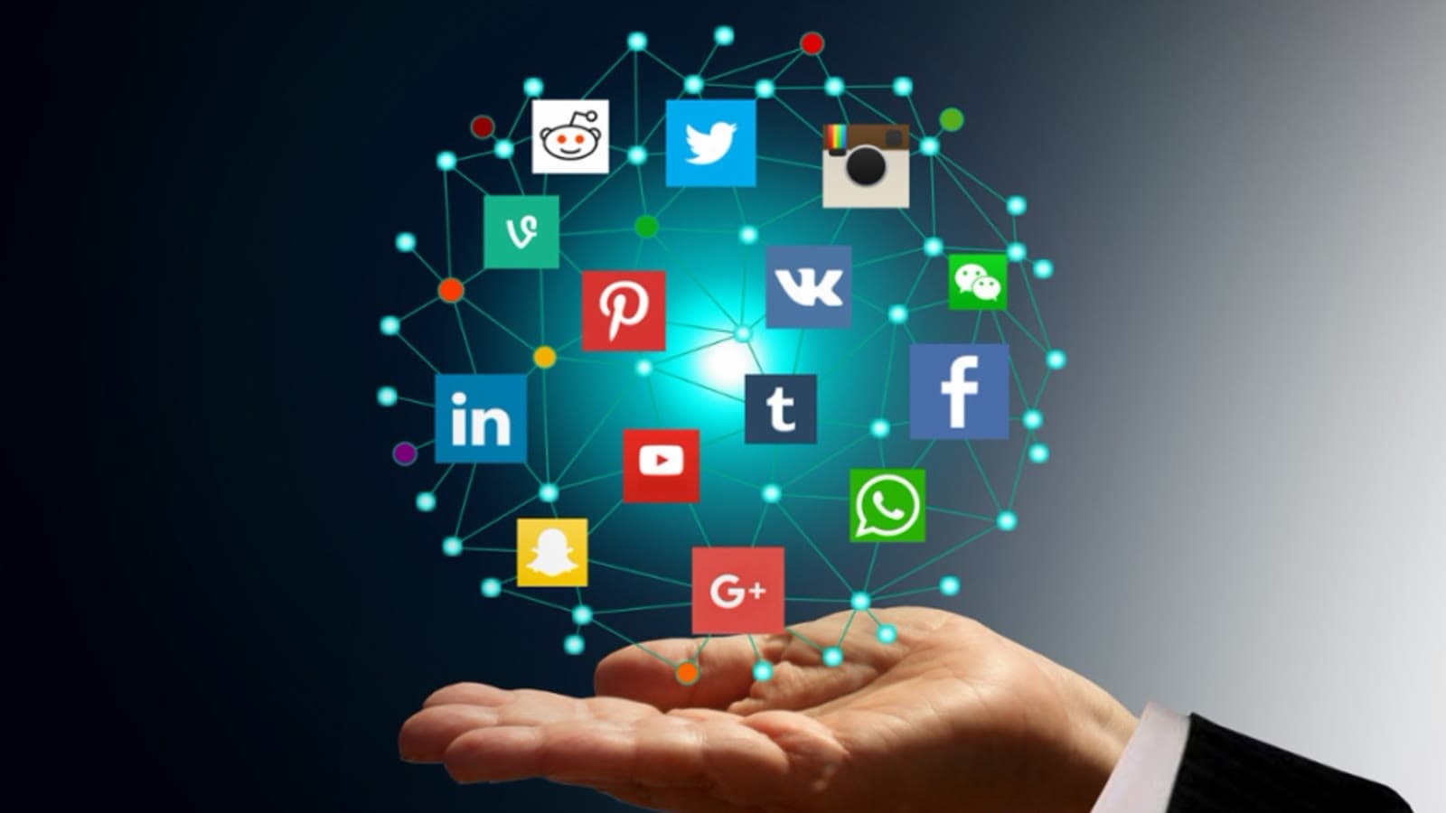 Social network icons floating above an open hand