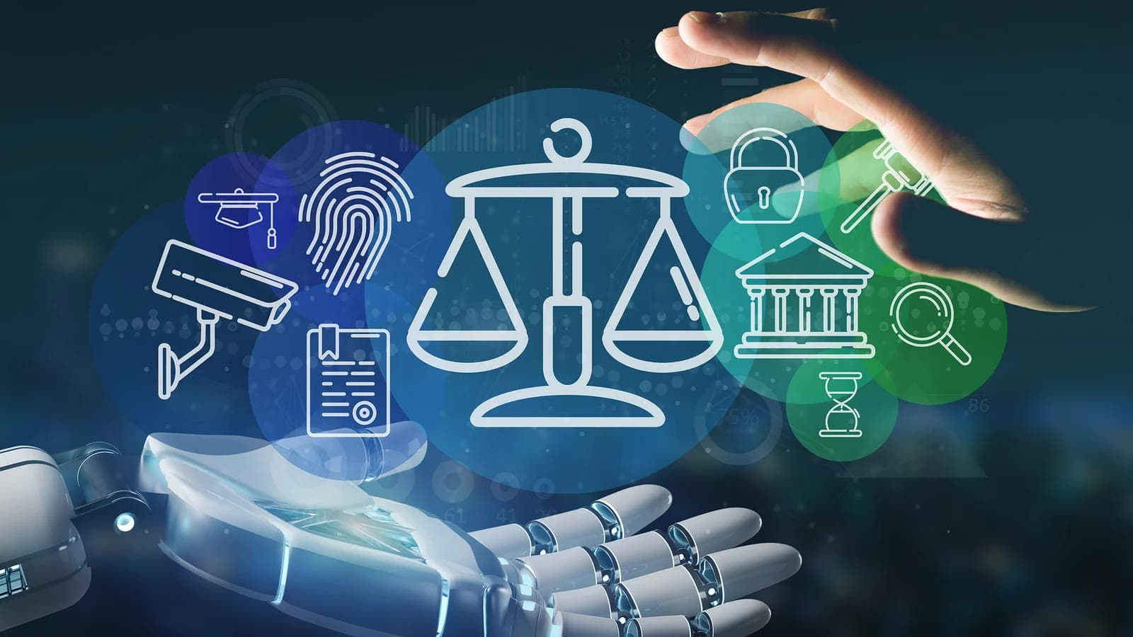 Robotic hand and human hand framing icons of justice, institutions and security