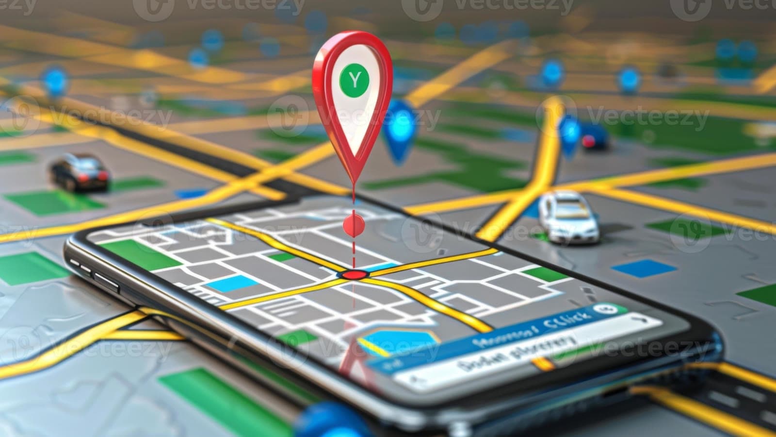 Smartphone lying on a road map, topped by a geolocation pin